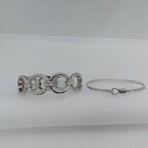 2 Silver Tone Bracelets Spring Hinge With Clear Rhinestones & Slim Wire Loop